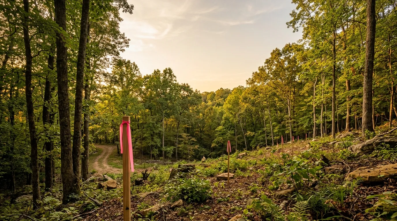 A wooded homesite with survey stakes and pink flagging in golden light