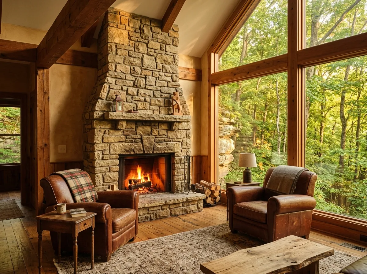 A warm cabin living room with stone fireplace, leather chairs and big windows onto the forest