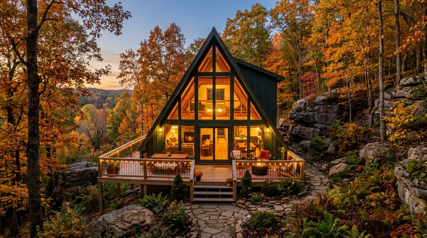wide photograph of a modern A-frame cabin with a full-glass front glowing warmly at dusk among autumn hardwoods, string lights on the deck