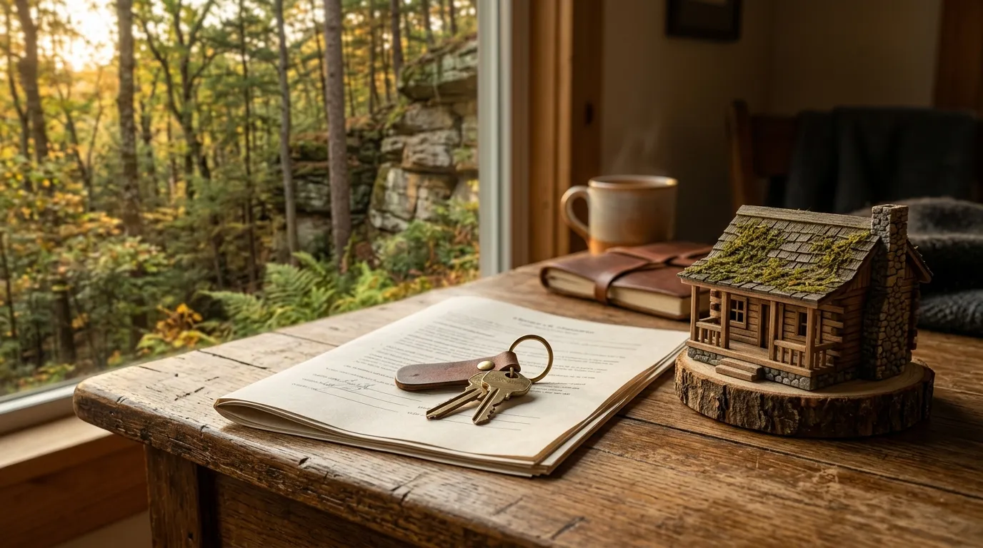 photograph of house keys resting on folded documents beside a small wooden cabin model on a rustic desk, soft window light