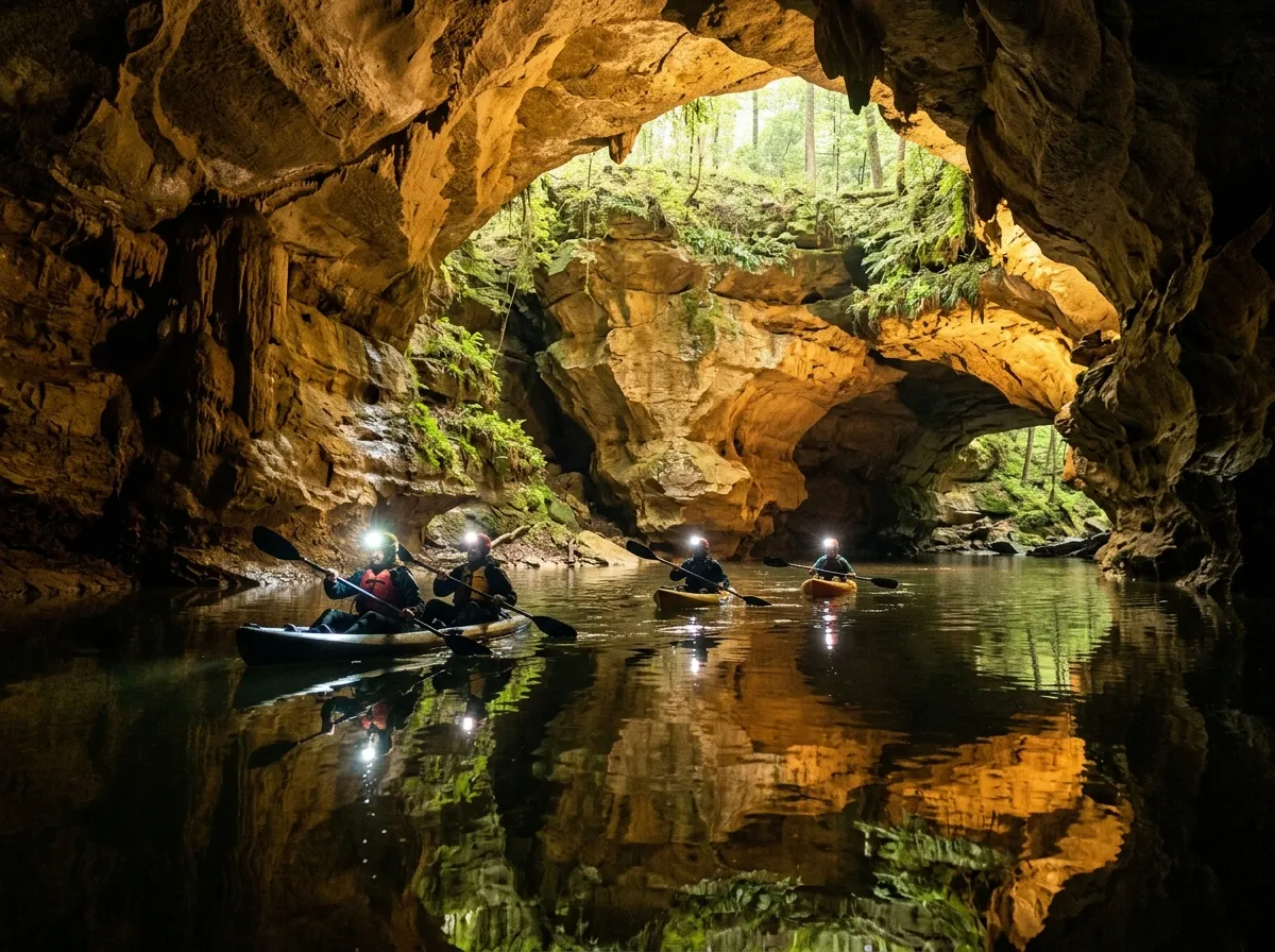 Kayakers with glowing headlamps drifting across a mirror-still underground lake, rock ceiling arching above