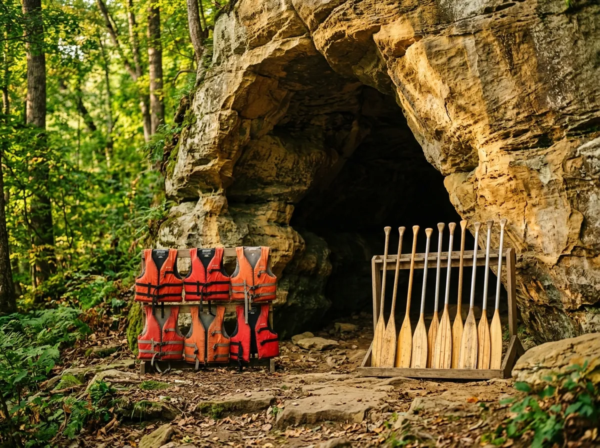 Life vests and paddles staged neatly at the mouth of a stone cavern