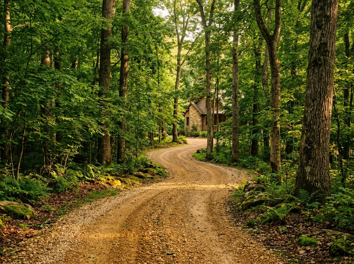 A gravel drive entering a wooded homesite with mature hardwoods and dappled light