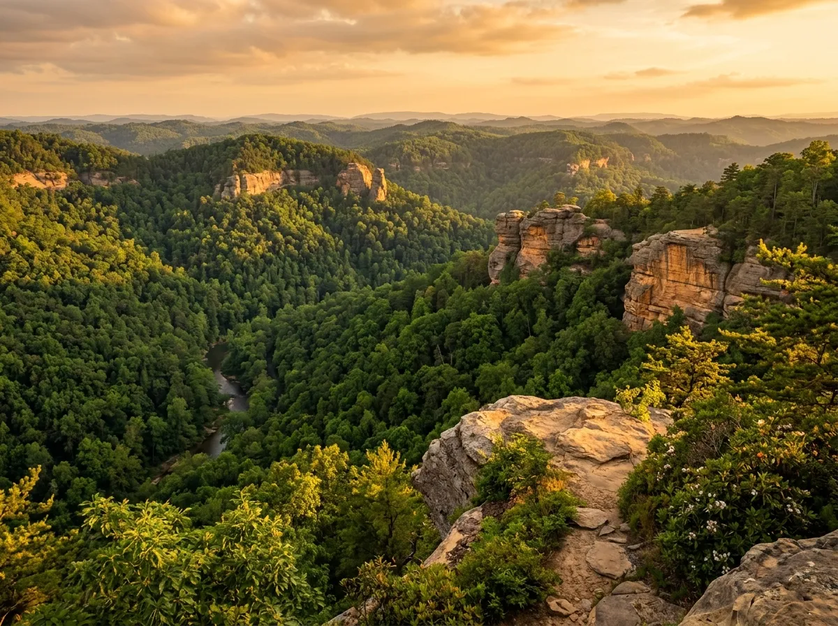 Layered forested ridges of the Red River Gorge at golden hour