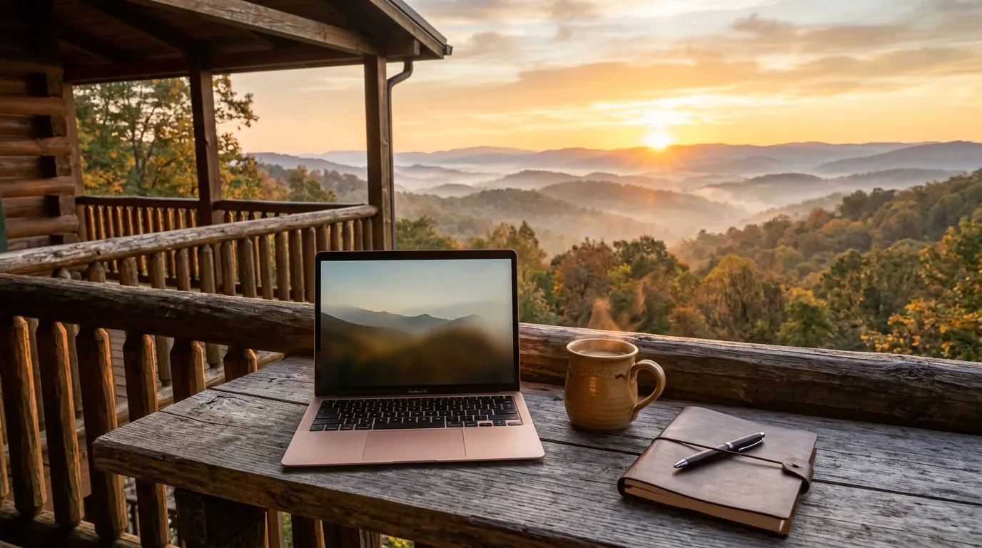 photograph of a laptop and coffee mug on a cabin porch railing table at sunrise overlooking misty forested ridges, notebook and pen beside it
