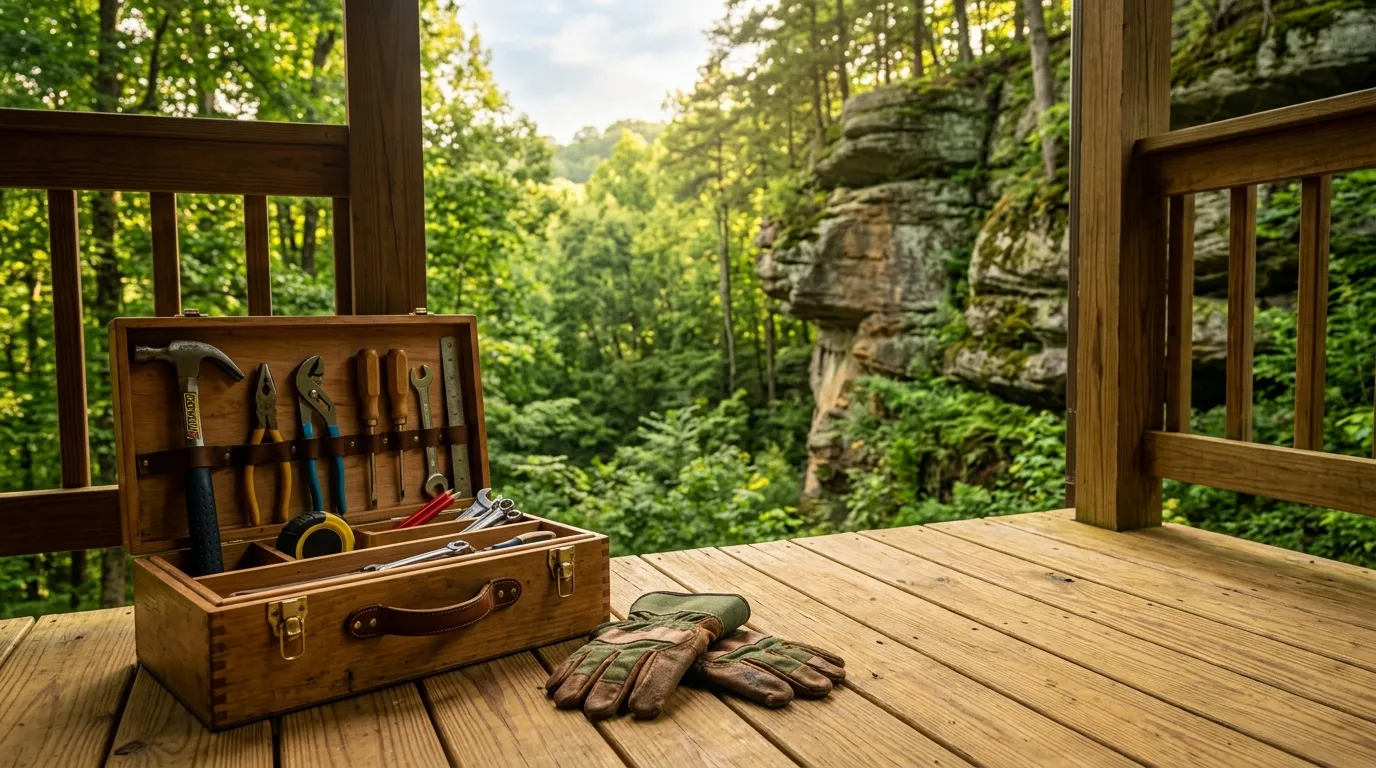 photograph of an open toolbox and work gloves on a cabin deck with the forest beyond, morning light