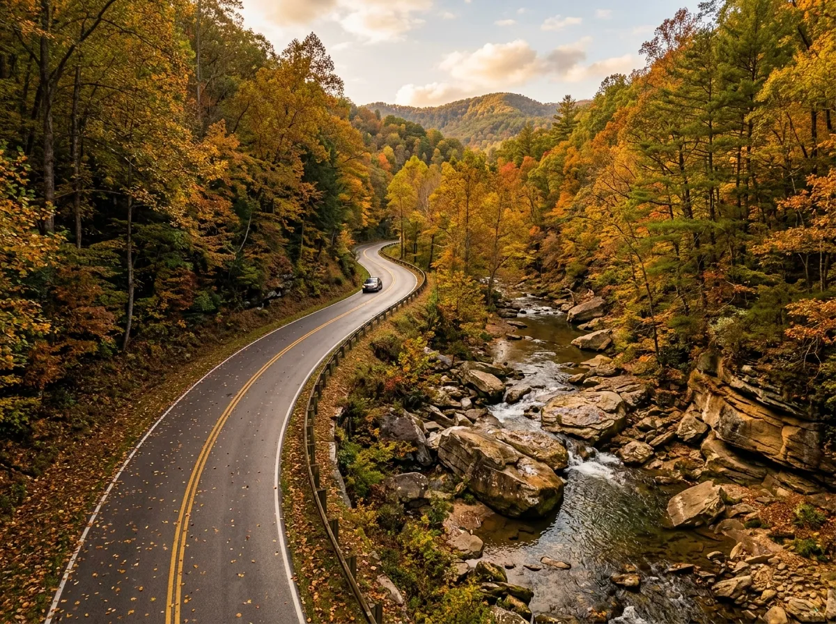 A curving two-lane road through autumn forest beside a rocky creek