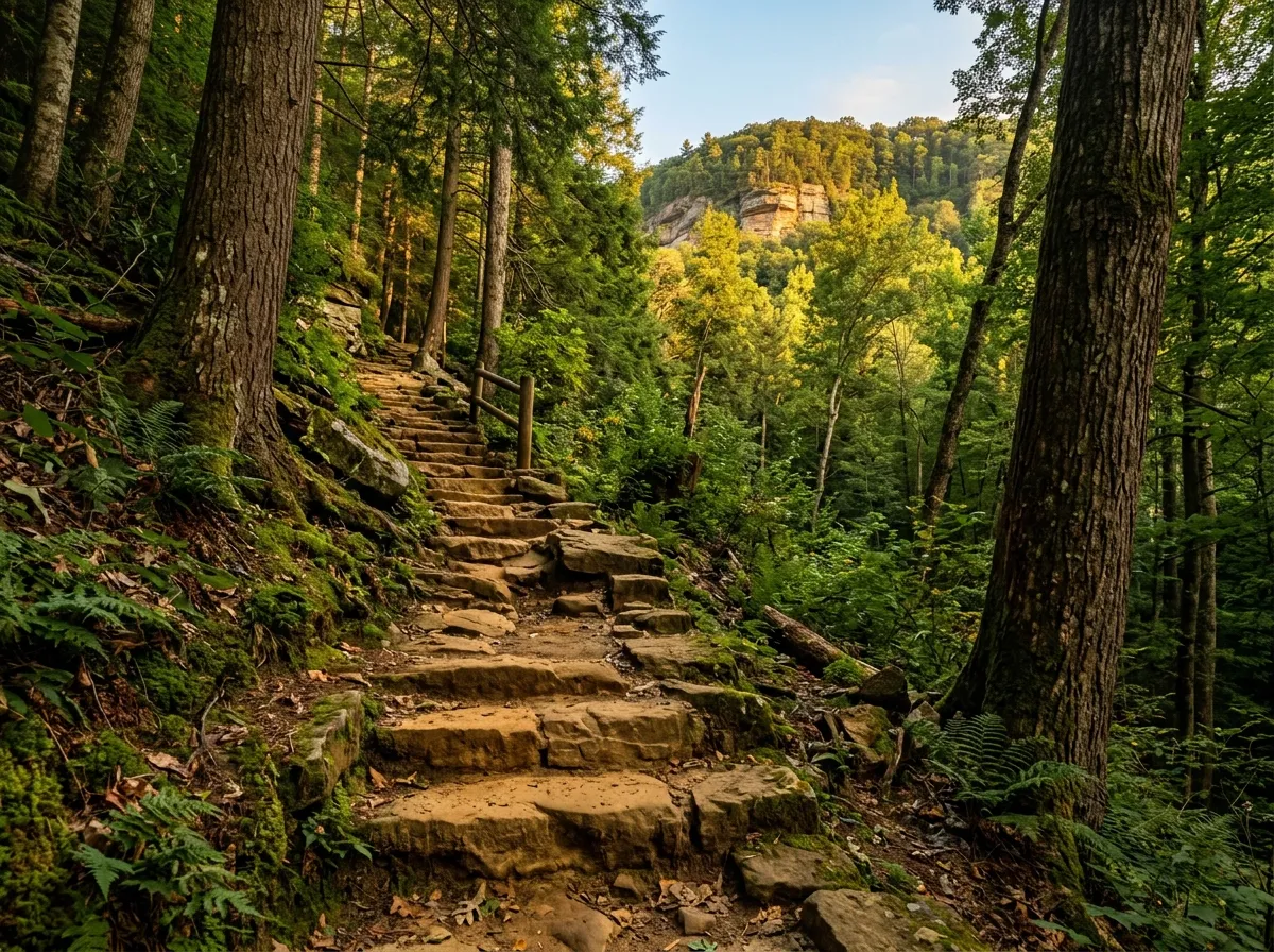 A stone stairway trail climbing through hemlock forest toward a ridge