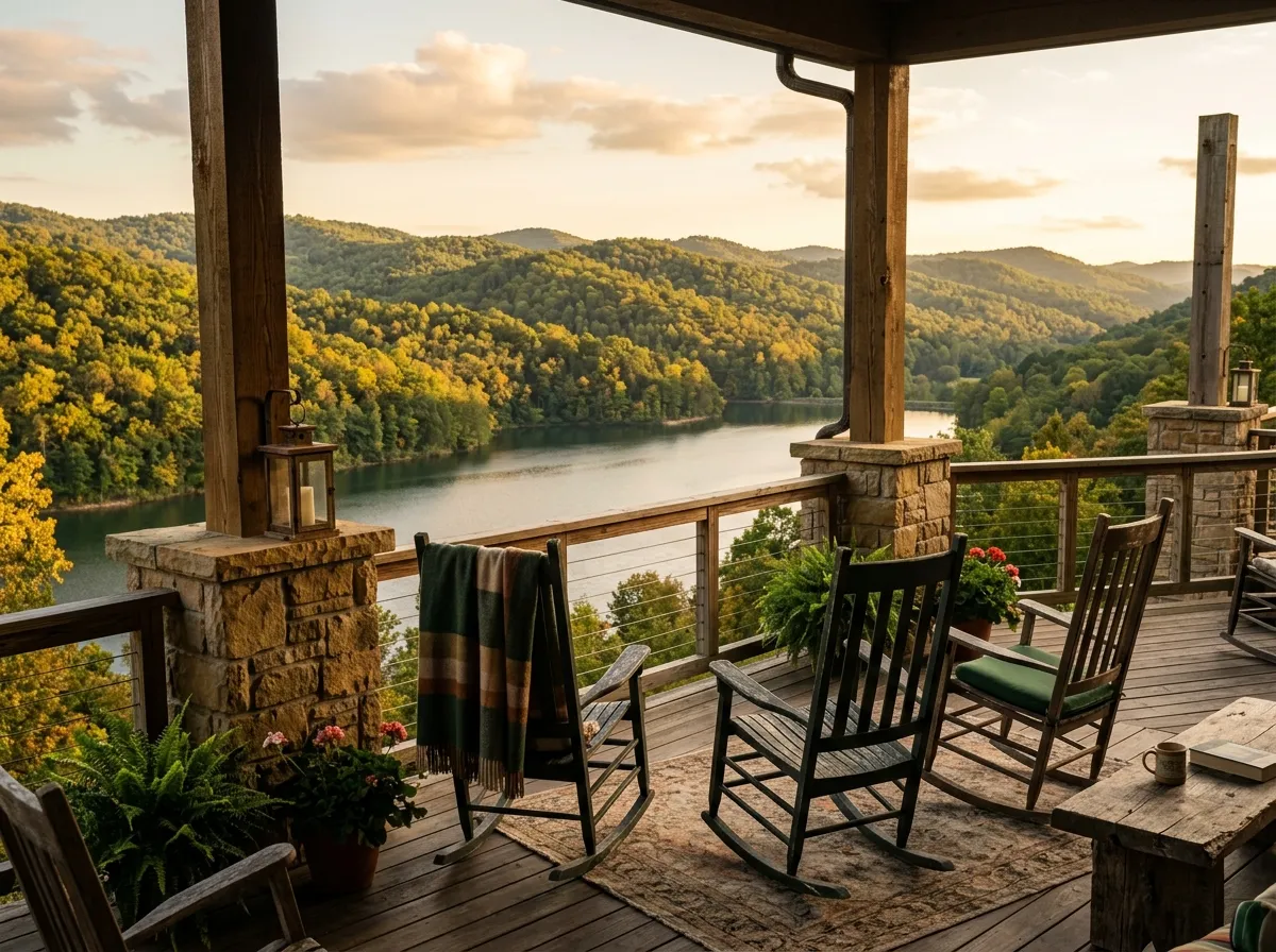 A lakeside lodge terrace with rocking chairs overlooking wooded Kentucky hills