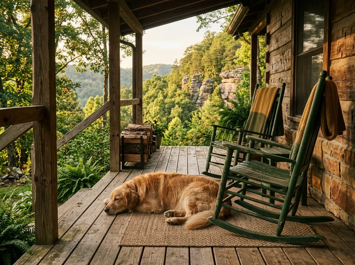 A golden retriever lying contentedly on a cabin porch beside rocking chairs, seen from the side