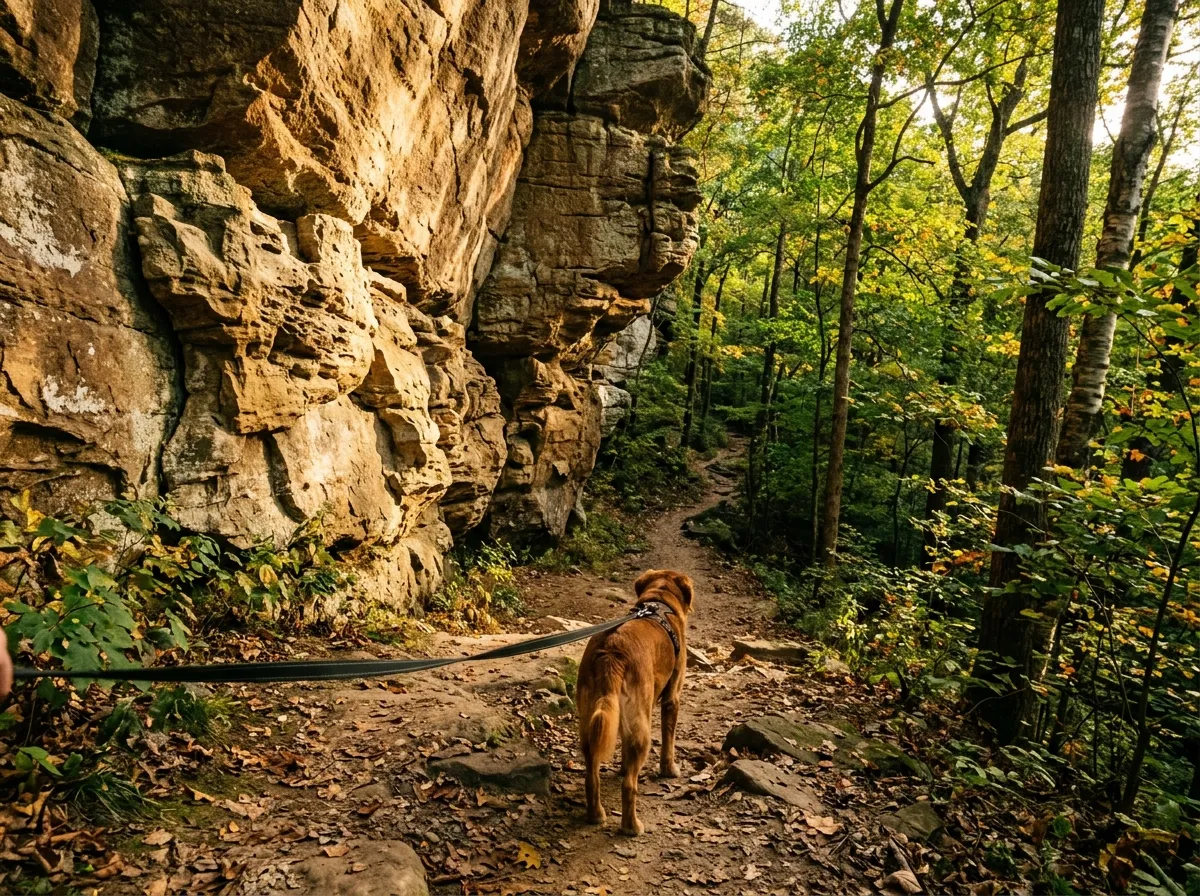 A leashed dog seen from behind on a forest trail beneath sandstone cliffs