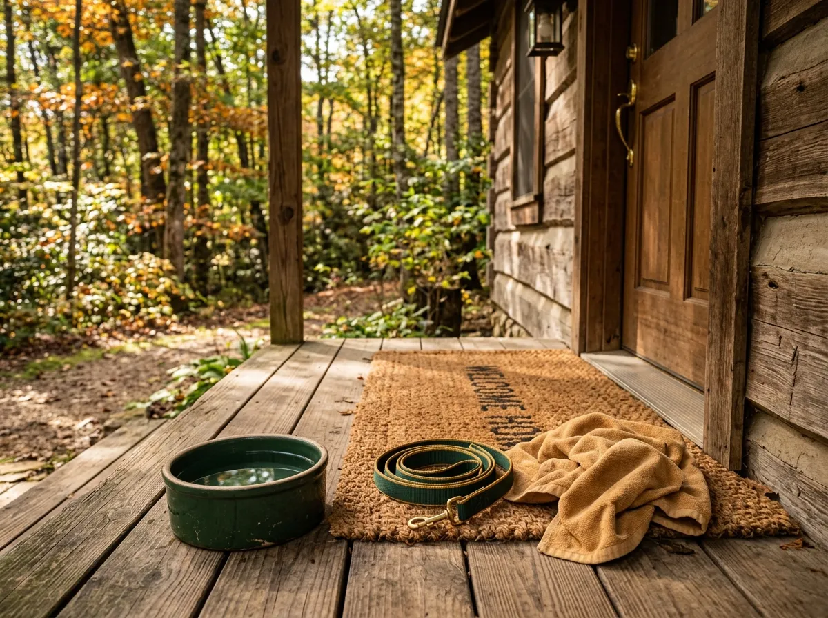 A water bowl, coiled leash and towel beside a cabin door mat