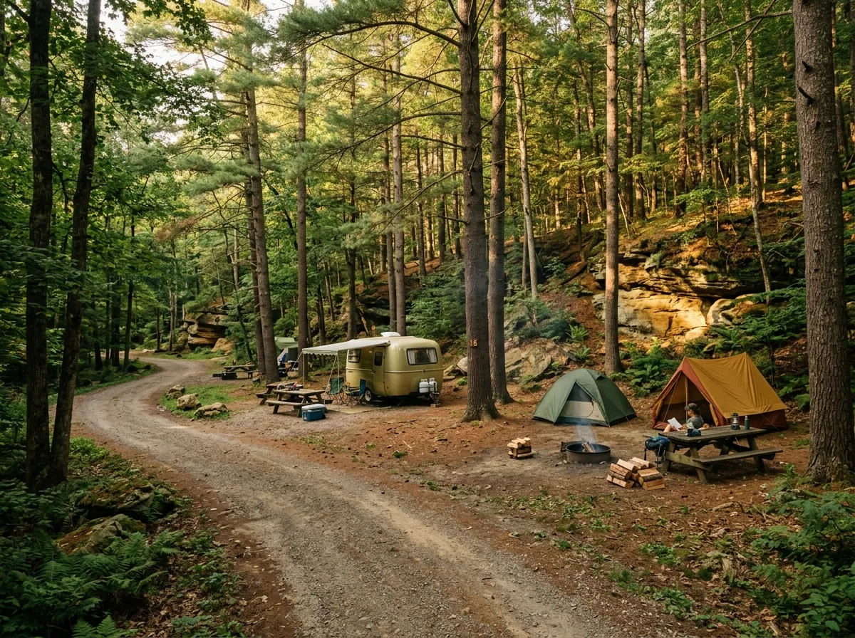 A forest campground loop with tents and a small camper under tall pines, picnic tables and fire rings