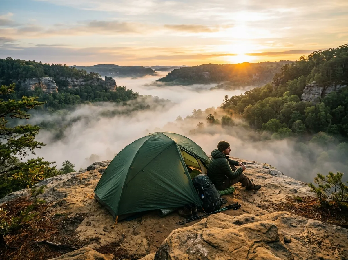 A solo backpacking tent on a sandstone ridge at dawn above fog-filled valleys