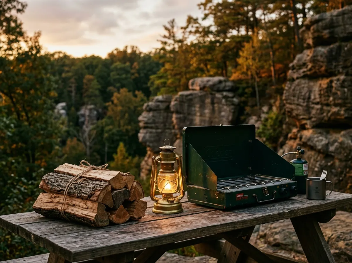 A firewood bundle, lantern and camp stove arranged on a picnic table at dusk