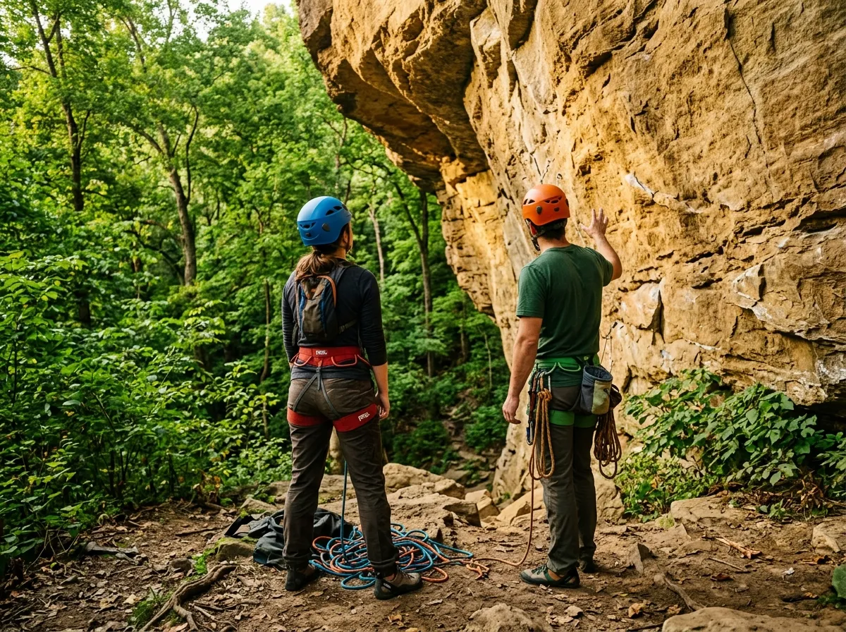 A guided beginner in harness and helmet being coached at the base of an overhanging sandstone crag, seen from behind
