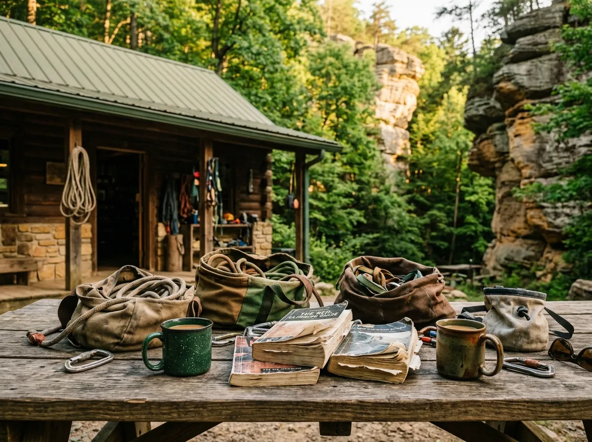 Rope bags, dog-eared guidebooks and coffee mugs on a wooden table outside a climbers camp store