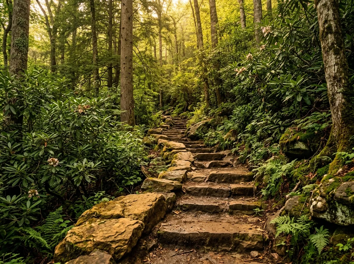 A stone-stepped forest trail winding up beneath hemlocks and rhododendron