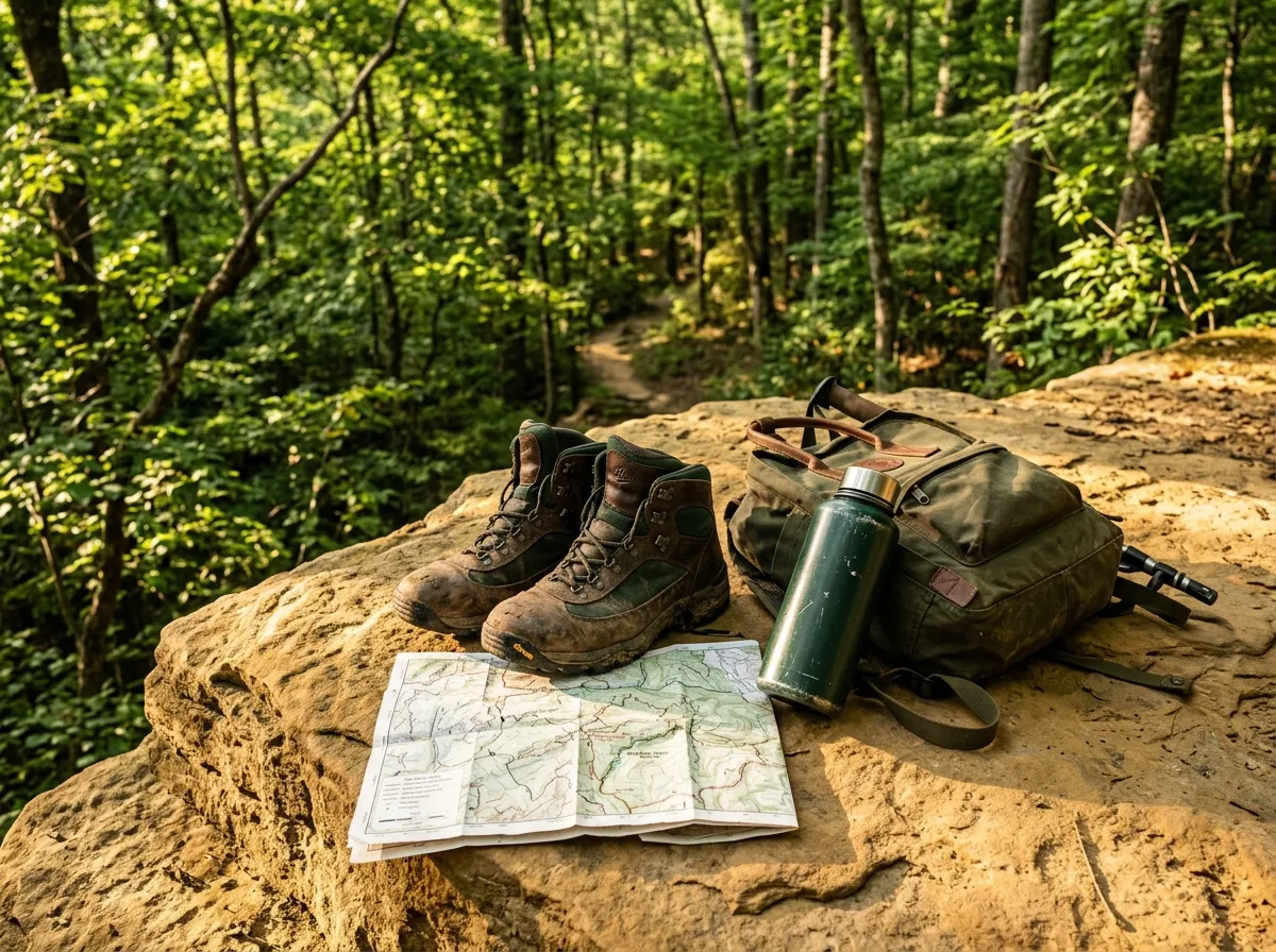 Hiking boots, daypack, water bottle and a paper trail map laid on a flat sandstone ledge