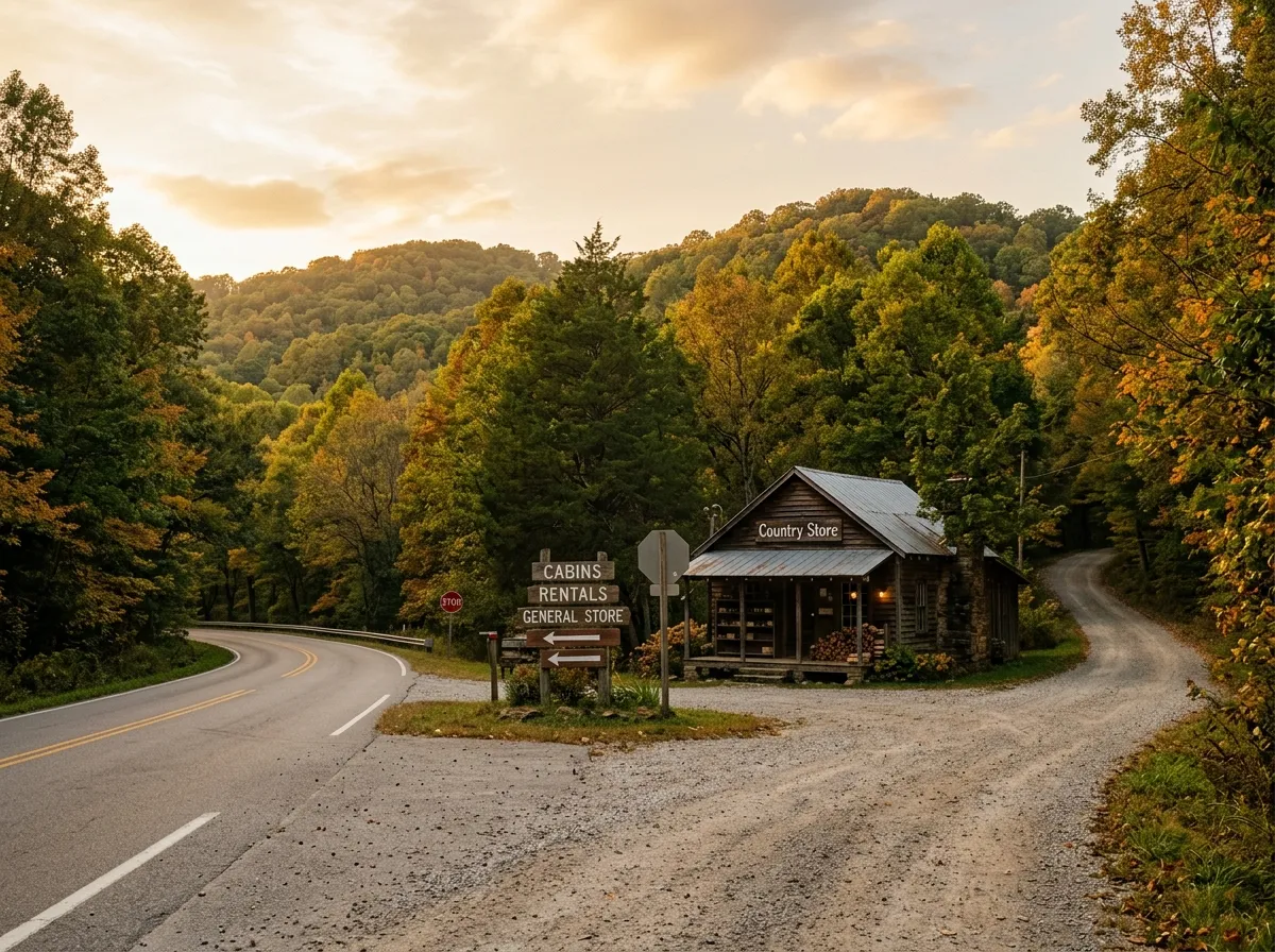 A rural parkway exit crossroads with a country store and cabin-rental signs among wooded hills
