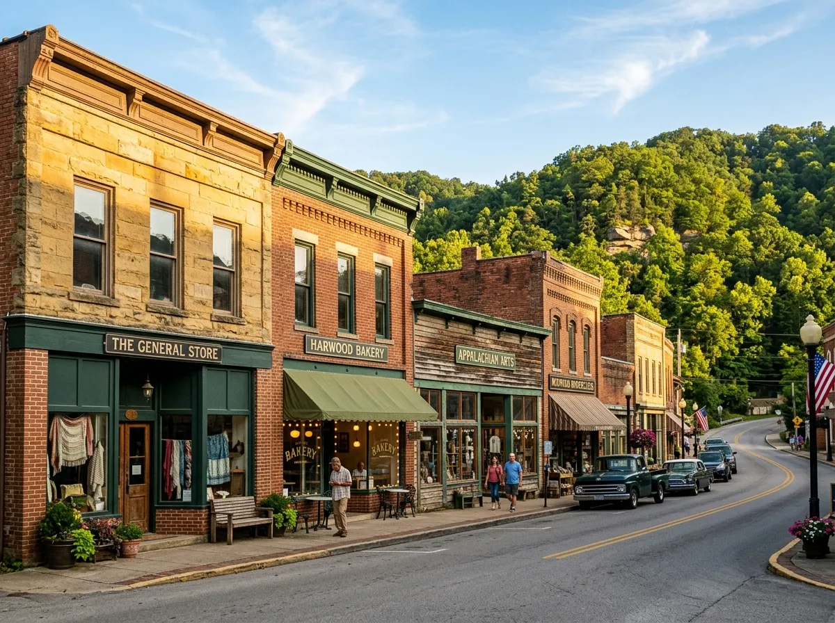 Sunny small-town brick storefronts along a two-lane main street