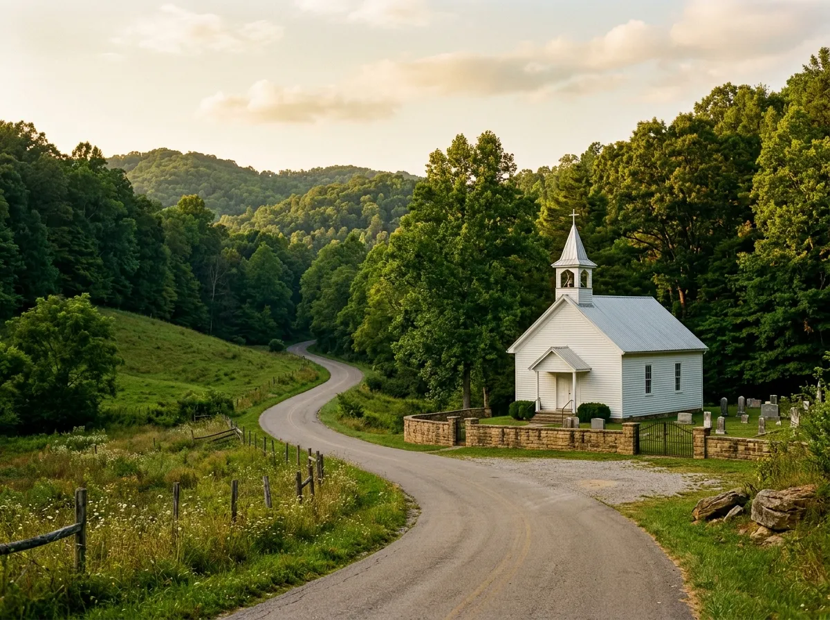 A quiet country road passing a small white church with green hills behind