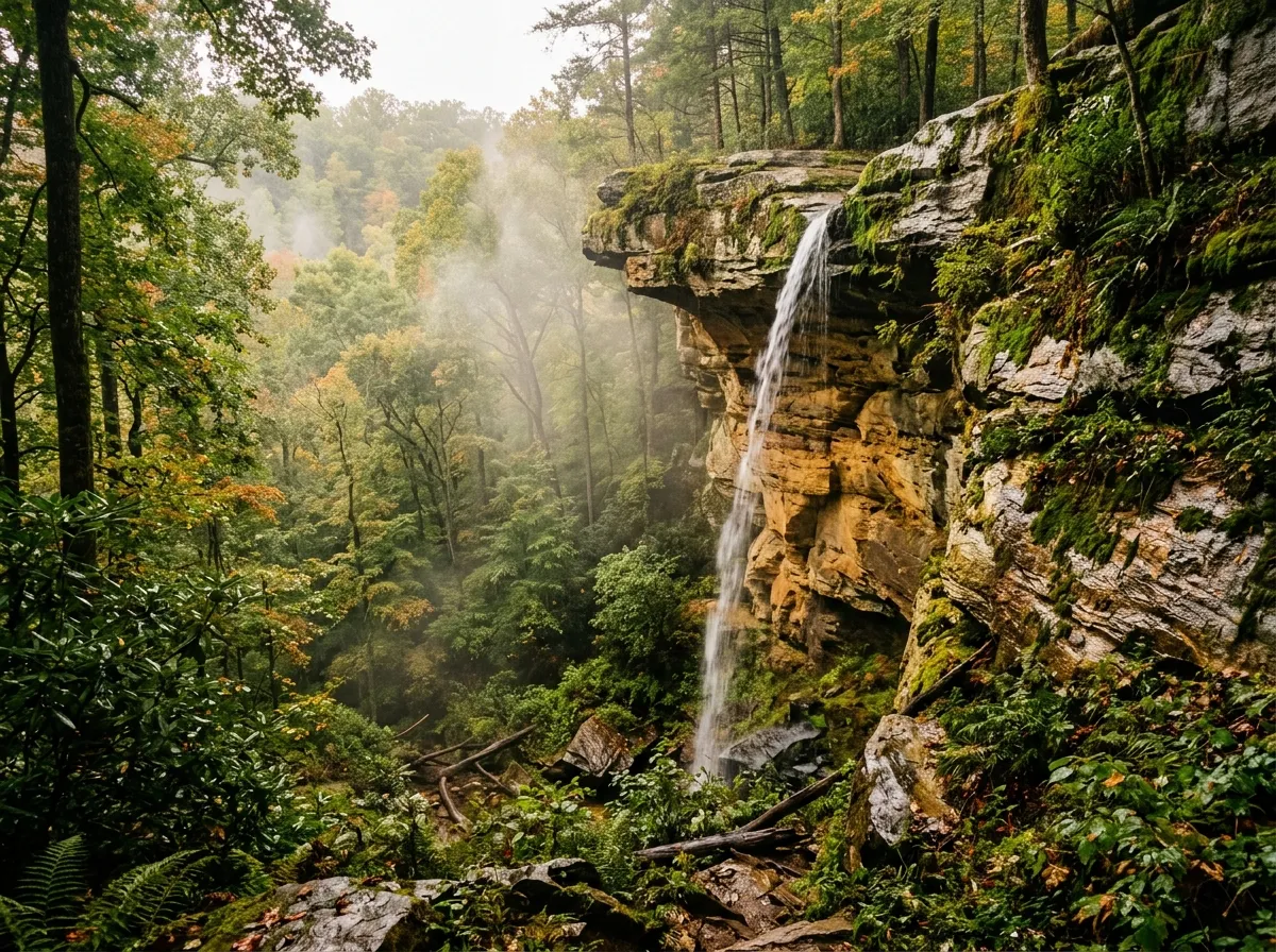 A thin seasonal waterfall pouring off a sandstone cliff lip after rain with mist drifting through trees