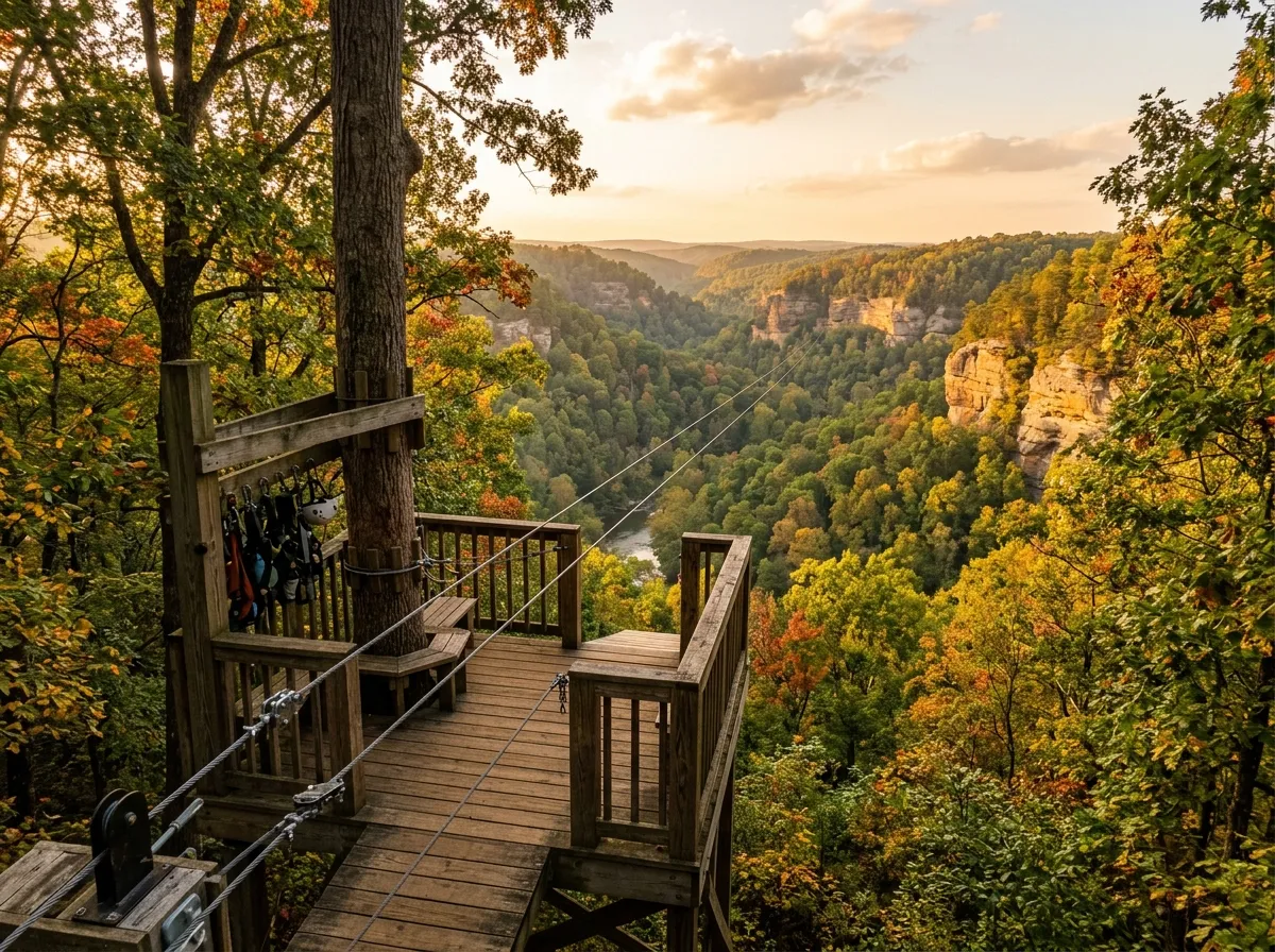 A wooden zipline platform high in the forest canopy with steel cables receding over a gorge