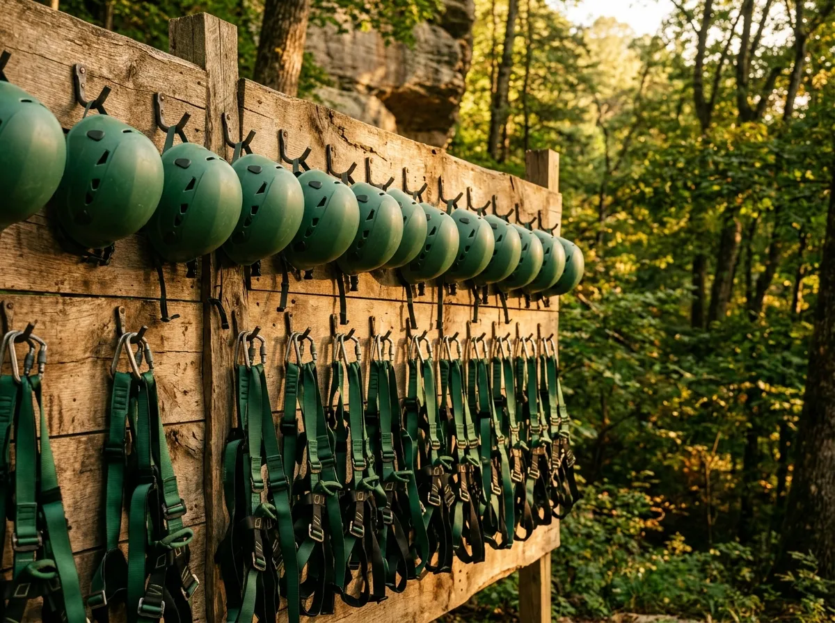 Zipline helmets and harnesses hanging in neat rows on a rustic timber gear wall
