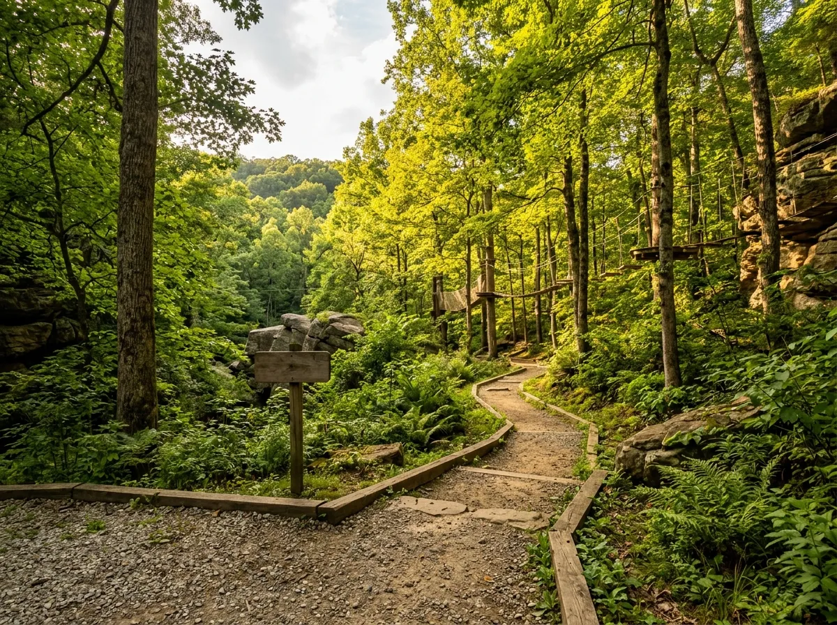 A sunlit forest path leading from a gravel parking area toward an adventure course