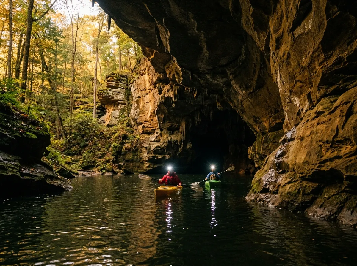 Kayakers with glowing headlamps entering a vast underground cavern lake