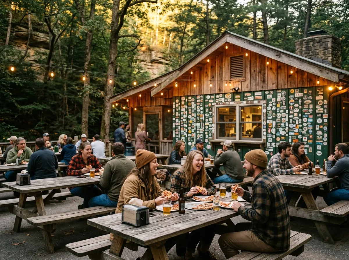 Wooden picnic tables outside a lively country pizza shop covered in travel stickers, evening light