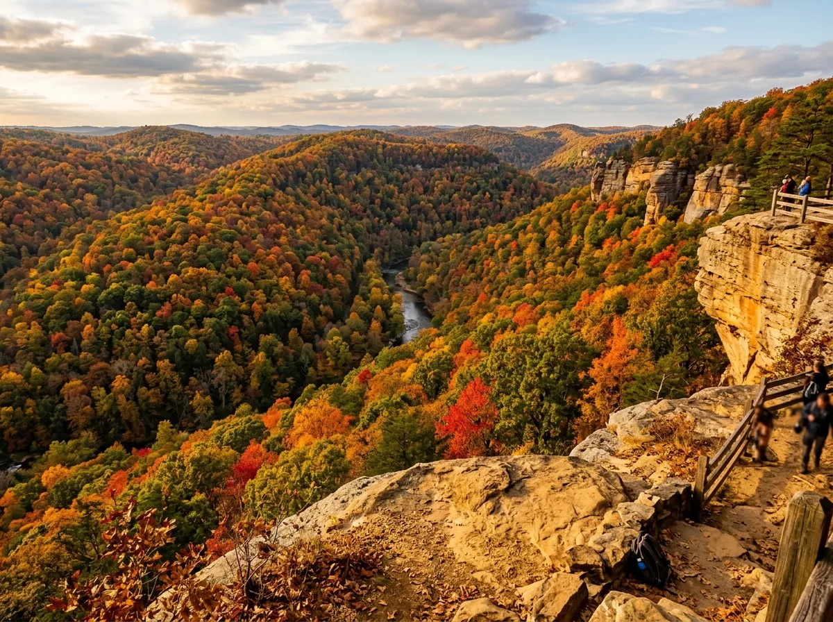 Blazing red and orange autumn canopy rolling over gorge ridges seen from a cliff overlook