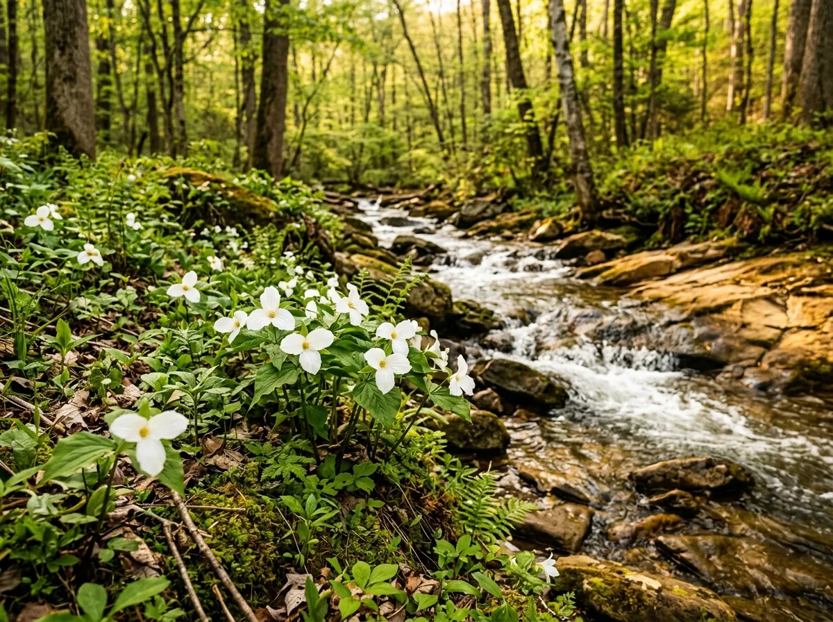 White trillium wildflowers on a green forest floor beside a rushing creek