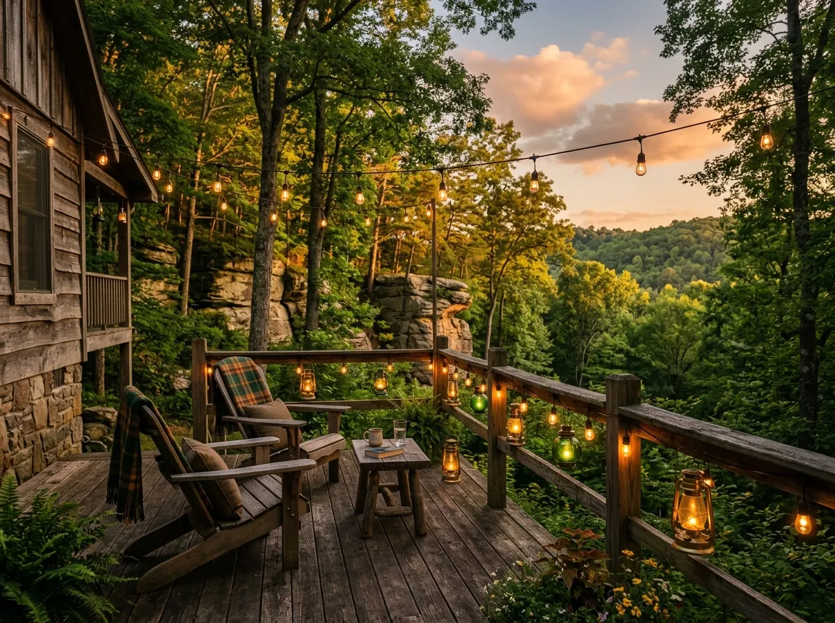 A cabin deck with string lights and lanterns glowing on a warm summer evening