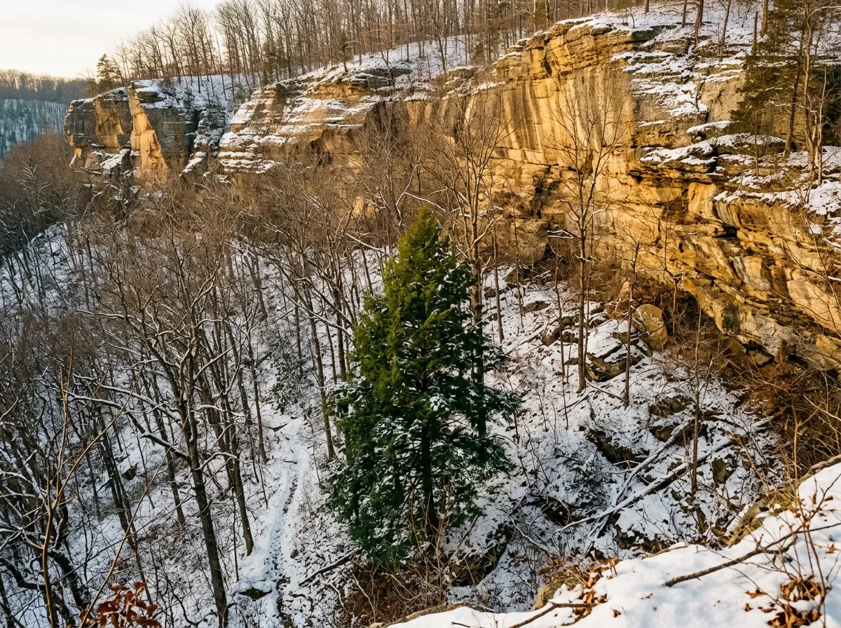 Light snow dusting a sandstone cliff line with bare hardwoods and one green hemlock