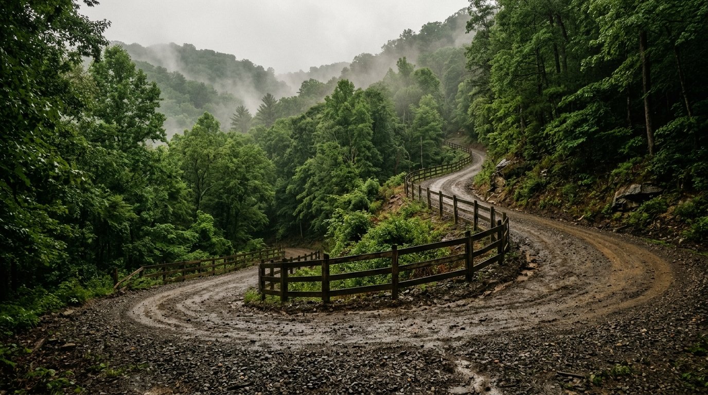 Steep wet gravel road climbing through dense Kentucky forest