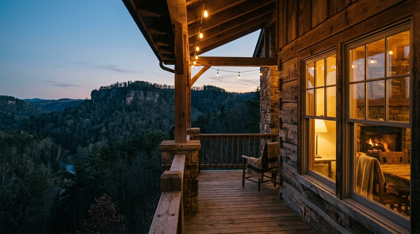 Warmly lit cabin porch at twilight above a forested gorge