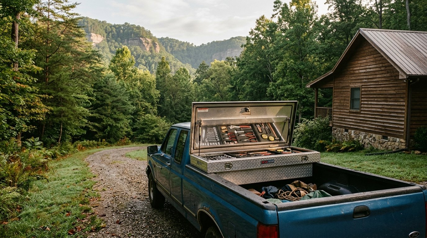 Open toolbox on a gravel drive beside a Gorge cabin in morning light