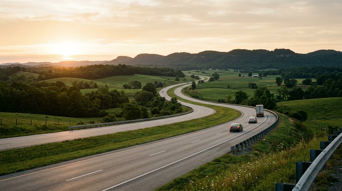 Interstate curving south through green Kentucky countryside at sunrise