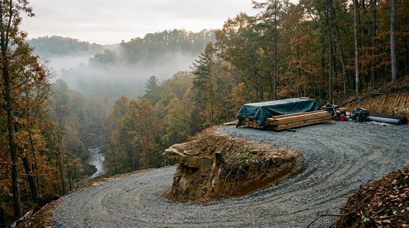 Graded cabin building pad on a steep forested Gorge hillside with stacked lumber