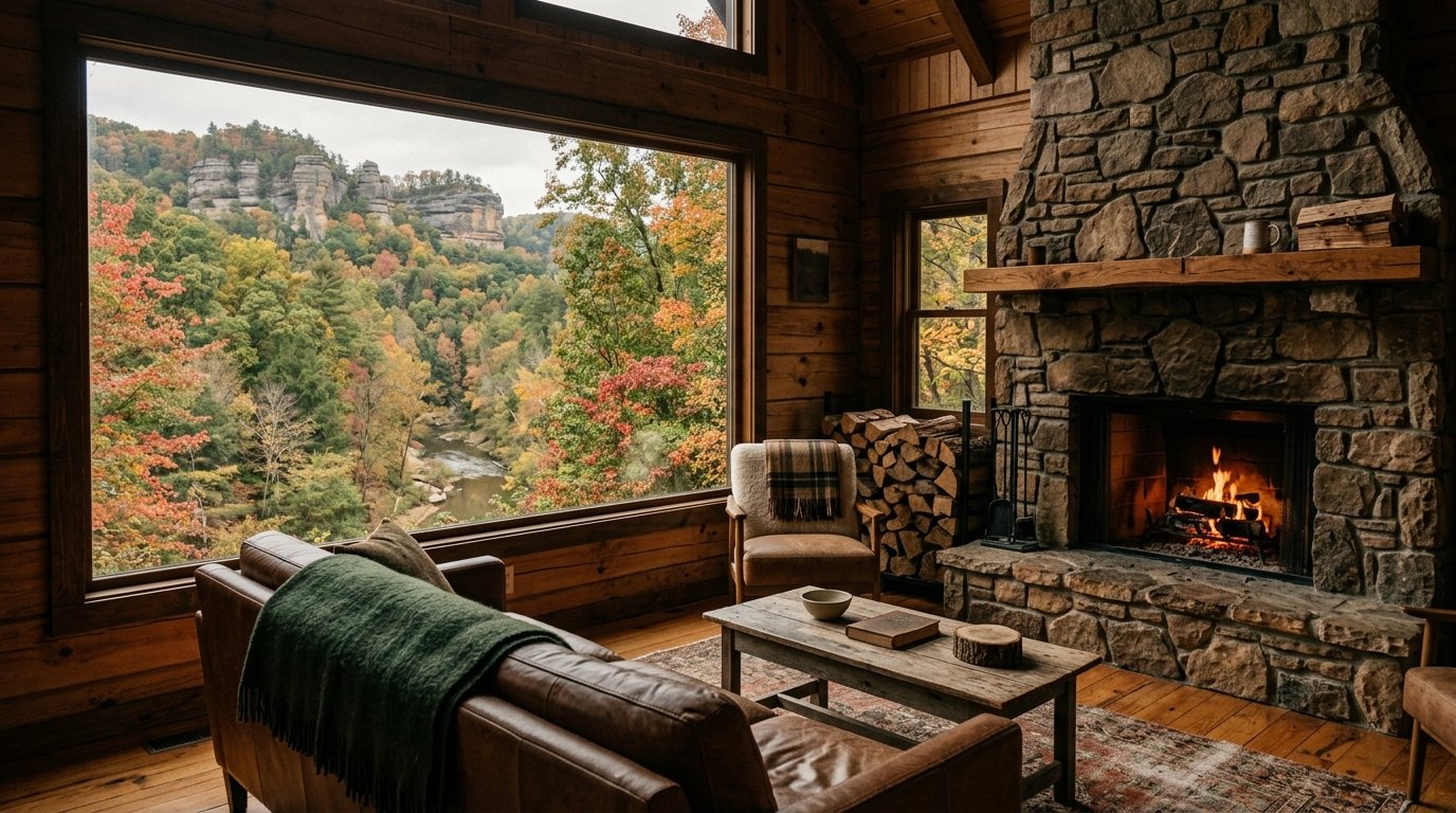 Timber cabin living room with stone fireplace and a window view of forested cliffs