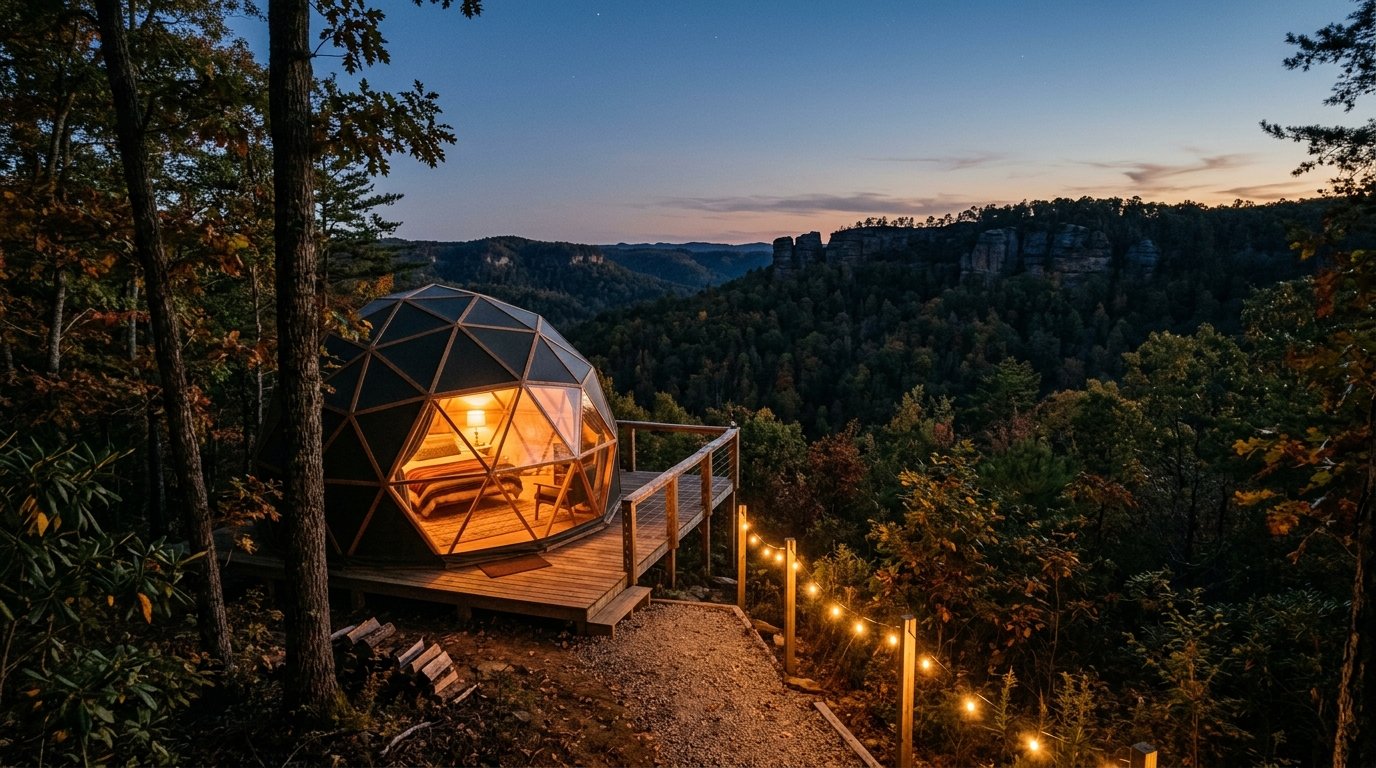 Geodesic dome glowing at blue hour on a forested Gorge ridgetop