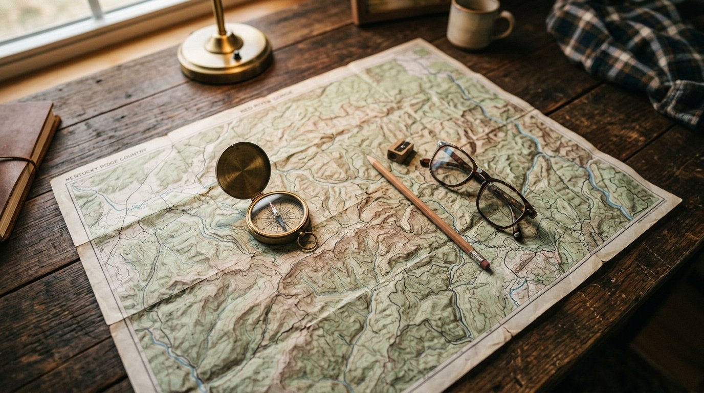 Topographic map, compass, and pencil on a wooden desk under lamp light