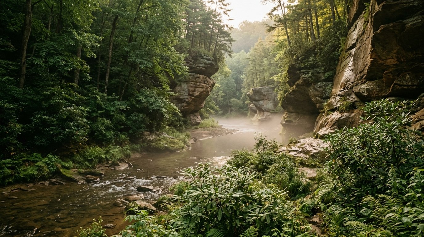August morning fog lifting off a creek between sandstone cliffs