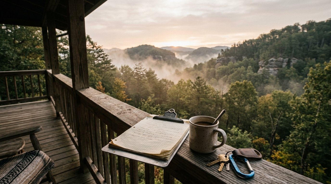 Clipboard and keys on a Gorge cabin porch railing at dawn