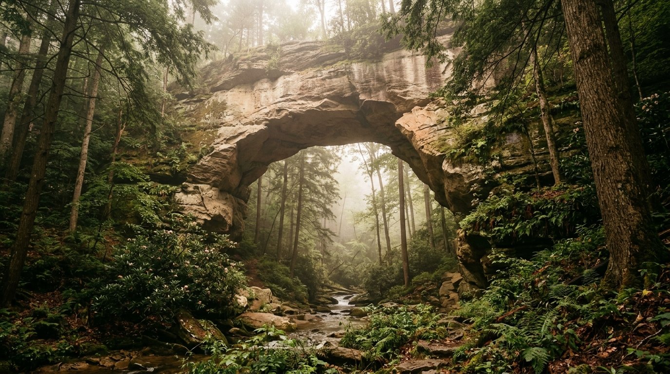 Massive sandstone arch rising above misty hardwood forest