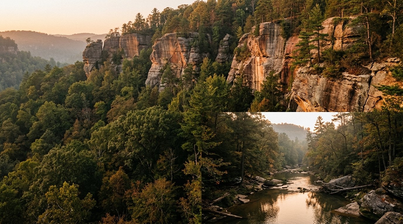 Towering sandstone cliffs above a forested gorge with a creek below