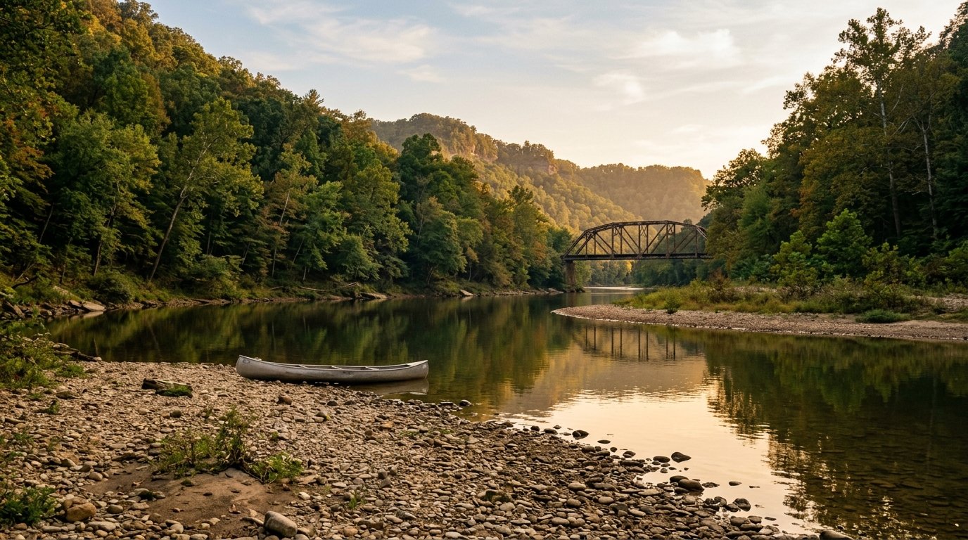 Golden-hour bend of the Kentucky River between steep wooded Lee County hills