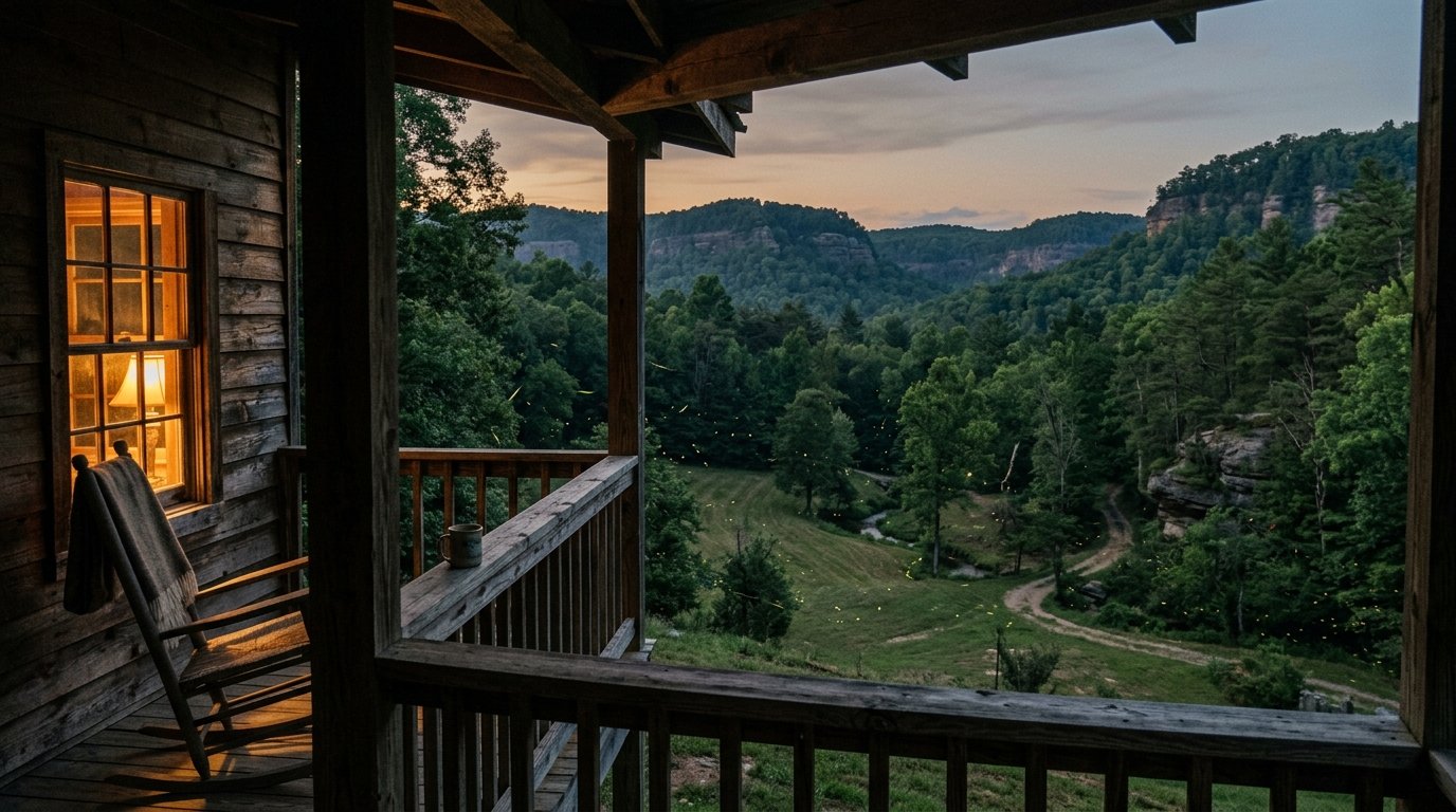 Dusk view over forested ridges from a lamplit cabin porch